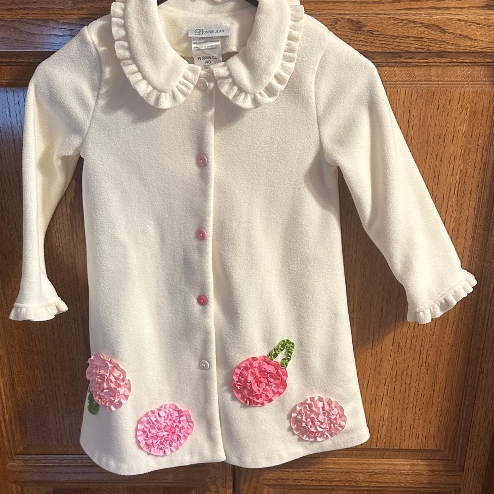 Fleece White Dress Coat with Pink Floral Accents